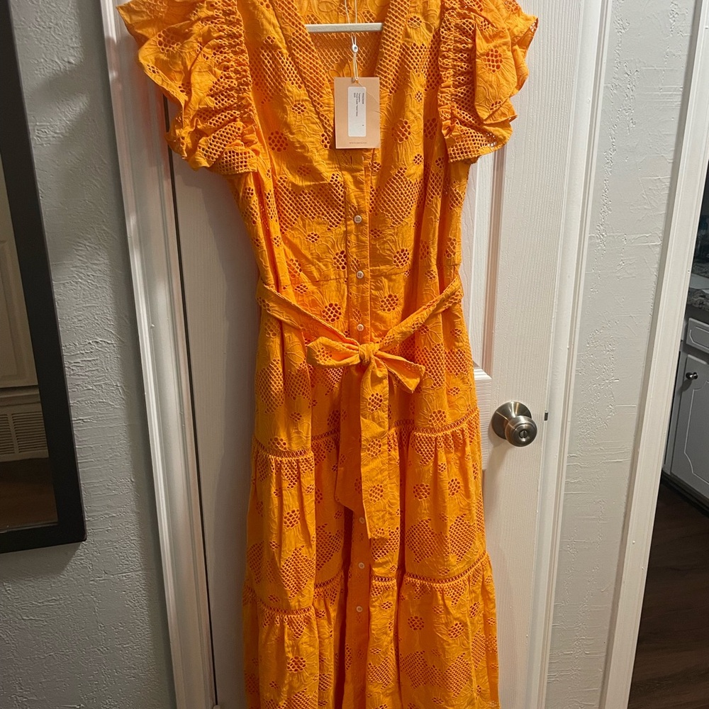 Vibrant Orange Eyelet Dress with Ruffle Sleeves